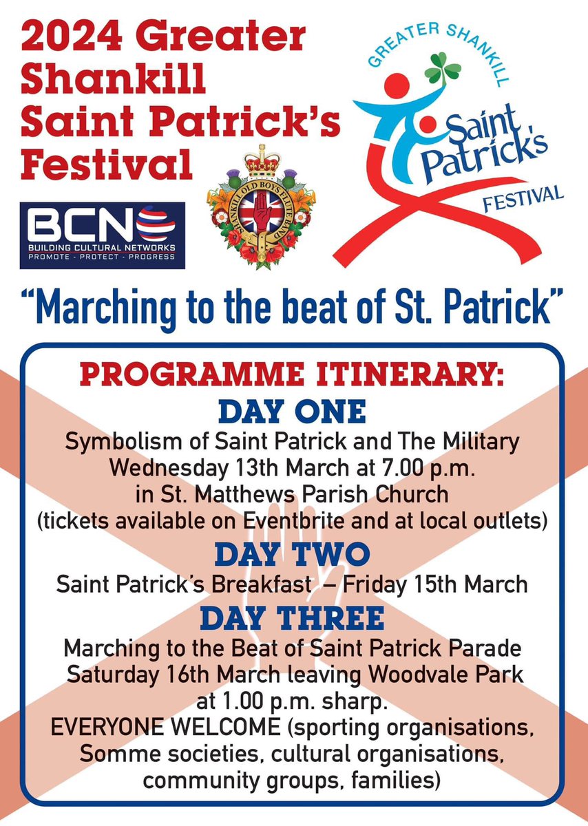 ACTinitiativeNI's tweet photo. GREATER SHANKILL ACT 

Reminder of tomorrow’s St Patrick’s parade, starts 1pm from Woodvale Park, the route is… 

Woodvale Road
Shankill Road
Shankill Parade
Malvern Terrace
Hopewell Crescent
Malvern Lane
North Boundary Street
Shankill Road
Woodvale Road
Woodvale Avenue https://t.co/wCMYXIrEQZ
