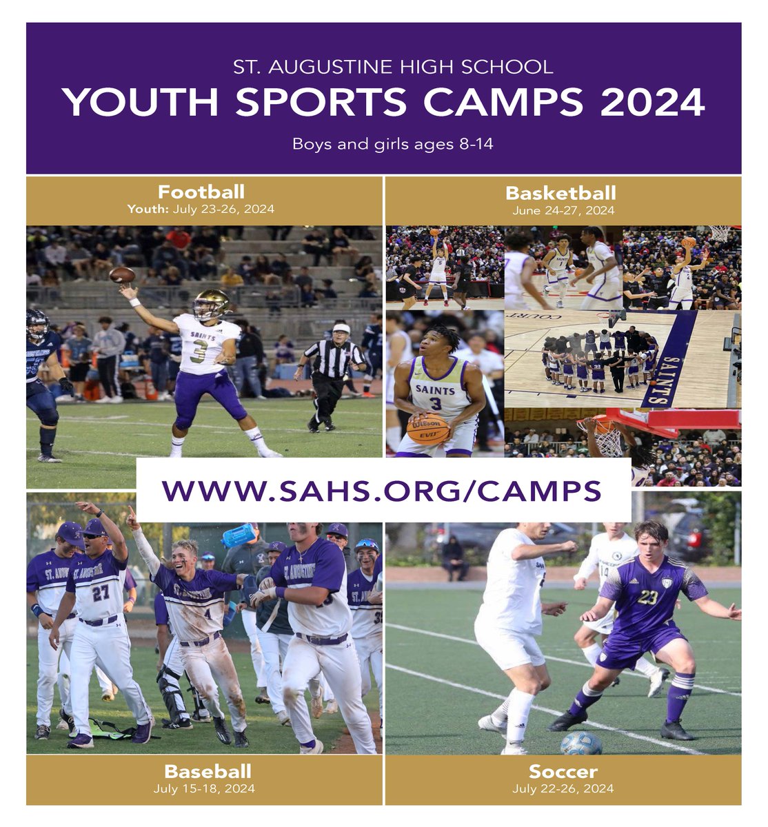 Saints Sports Camps are fast approaching. Camps are for boys and girls ages 8-14. Join the fun at sahs.org/camps. GO SAINTS!
