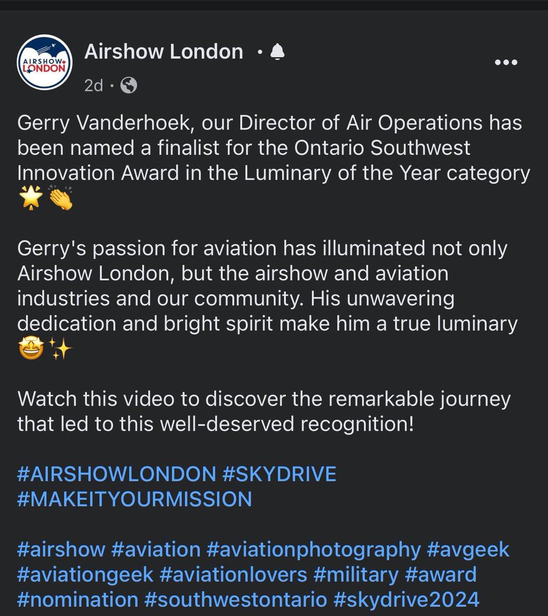 Warms our hearts to see Gerry Vanderhoek <a href="/AirshowLondon/">Airshow London</a> finalist for the Ontario Southwest Innovation Award in the #Luminary of the Year Category!! Hook has done so much to help Aviation School take off. ✈️ 👇🎉🎉