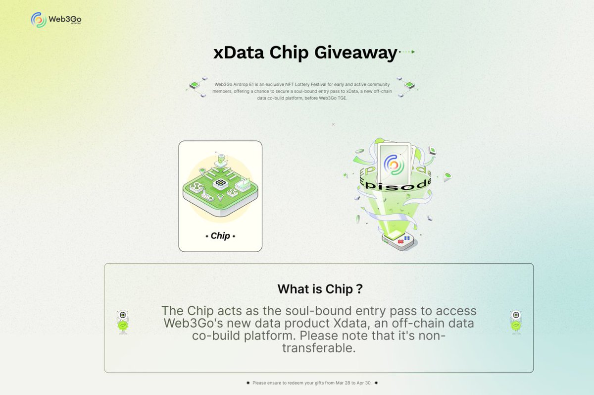 holy_omon's tweet image. 🎁GIVEAWAY 3 xData Chip NFTs

🍃 @Web3Go for the DeDIN Spring event! Get ready for some exclusive xData Chip NFTs.     

To enter:  
1️⃣ Follow @Web3Go and @holy_omon 
2️⃣ RT + bsc address

📷 48H  Don&apos;t miss out on this opportunity! Let&apos;s make this spring unforgettable #Giveaway