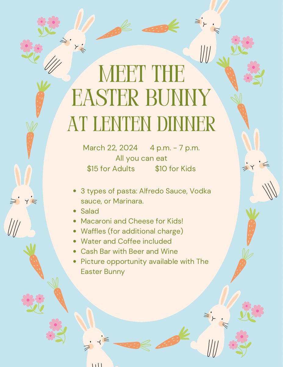 Join us next Friday, March 22 for our Lenten Dinner. 🍲 The Easter Bunny will be visiting us and will have a little treat to hand out to all of the children.  🐰 #easterbunny2024
