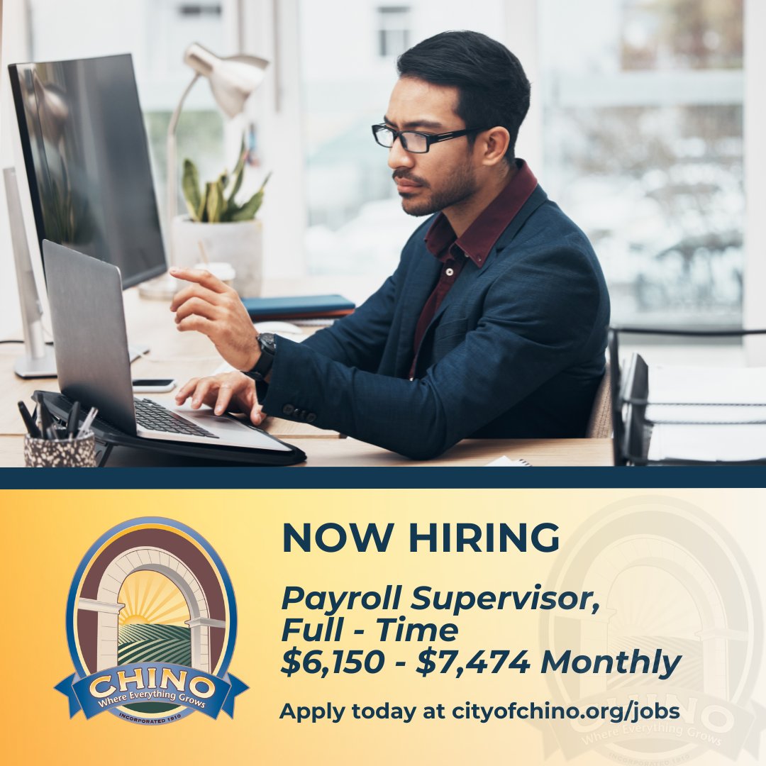 🌟The City of Chino is looking for a skilled professional to join our Finance Department's Payroll Division. The Payroll Supervisor's duties include supervising payroll staff, the payroll processing operations, and so much more! 📲For more info, visit cityofchino.org/jobs.