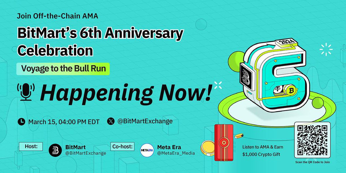 Happening Now! Join our 6th Anniversary 🎂 AMA and celebrate with us! Reflecting on BitMart’s journey and strategizing for the next bull run. 

Plus, you could earn $1,000 Crypto Gift 🎁during AMA!

🔗 Tune in here: x.com/i/spaces/1djxX…