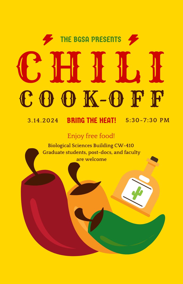 The BGSA Chili Cook-Off is TODAY at 5:30 PM! Join us in CW-410 to enjoy delicious chili prepared by your colleagues.🌶️🍲

We hope to see you all.