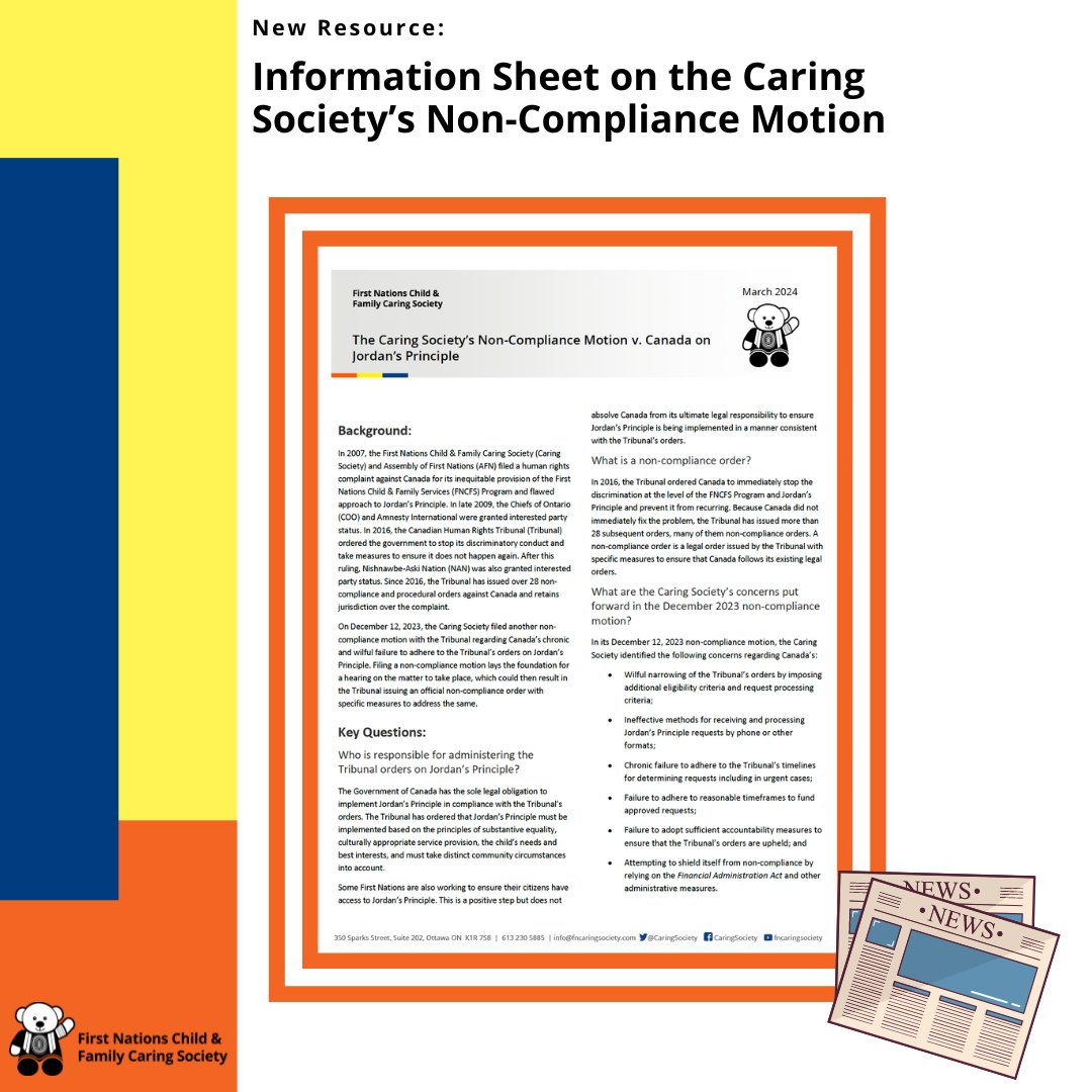 Check out our latest information sheet about the non-compliance motion the Caring Society filed in December about Jordan's Principle. Learn about our concerns, the hearing schedule and the Caring Society's role with regard to Jordan's Principle. Find at: fncaringsociety.com/publications/c…