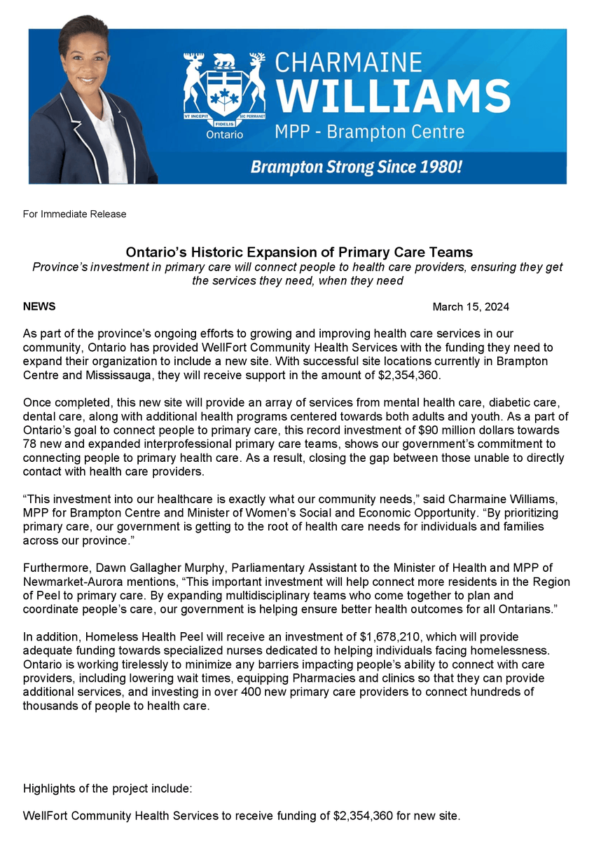 BramaleaCHC's tweet photo. WellFort Community Health Services is proud to announce funding that will allow us to expand our services to additional community members.🎉🔥👏🎉 

Read the exciting announcement from Minister Williams.  

#MPPWilliams #healthcare #communityhealthservcies #communityhealthcentre https://t.co/FSNxgDqaqw