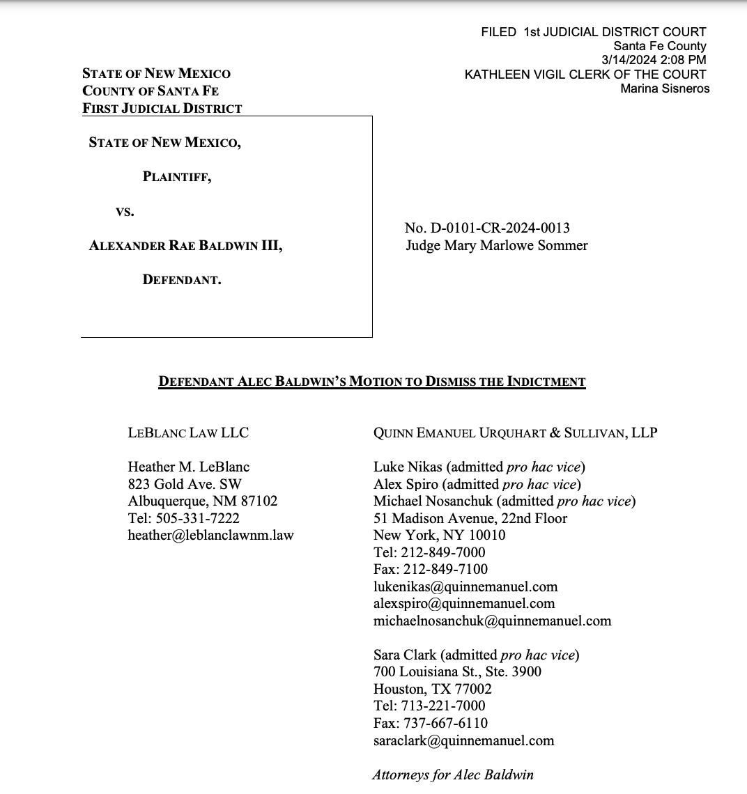 jaybronious's tweet photo. Here are the table of contents for #alecbaldwin motion to dismiss the #rustmovie suit

It is 52 pages with 10 sets of exhibits attached

It concludes: 

The indictment must be dismissed for two independent reasons: first, the State unlawfully deprived the grand jury of critical evidence that disproves the charges or makes an indictment  40 unjustified; and second, the State conducted the grand jury process in an unlawful manner, including by providing an improper charging instruction regarding a critical element of the offense.

A. The State Unlawfully Deprived The Grand Jury Of Exculpatory Evidence And Evidence That Was Favorable To Baldwin’s Position

B. The State Manipulated the Grand Jury Process, and Gave an Improper Jury Instruction, in Violation of the Court’s Orders and New Mexico Law

The State’s repeated violations of the U.S. and New Mexico Constitutions, New Mexico law, and the ethical rules further undermined the structural integrity of the grand jury process.