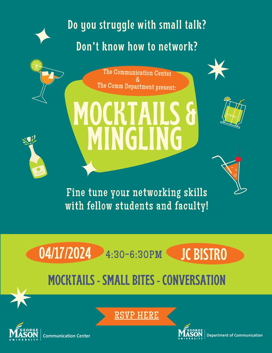 🚨EVENT ALERT 🚨 Join the COMM Center (@CommGmu) and #MasonCOMM for an evening of practice networking and mingling at our Mocktails & Mingling event!🗣🥂 🗓 Wednesday, April 17 📍 JC Bistro ⏰ 4:30pm-6:30pm communication.gmu.edu/events/15566 #MasonNation #NetworkingPractice