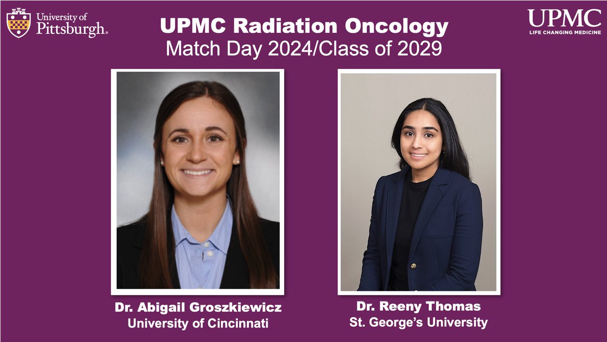 Happy #MatchDay2024! We are thrilled to welcome Dr. Abigail Groszkiewicz and Dr. Reeny Thomas to our #radonc program @UPMCHillmanCC!! Congrats to Abby & Reeny & all the hardworking students who are moving on to the next steps in training! @HSkinnerMDPhD
