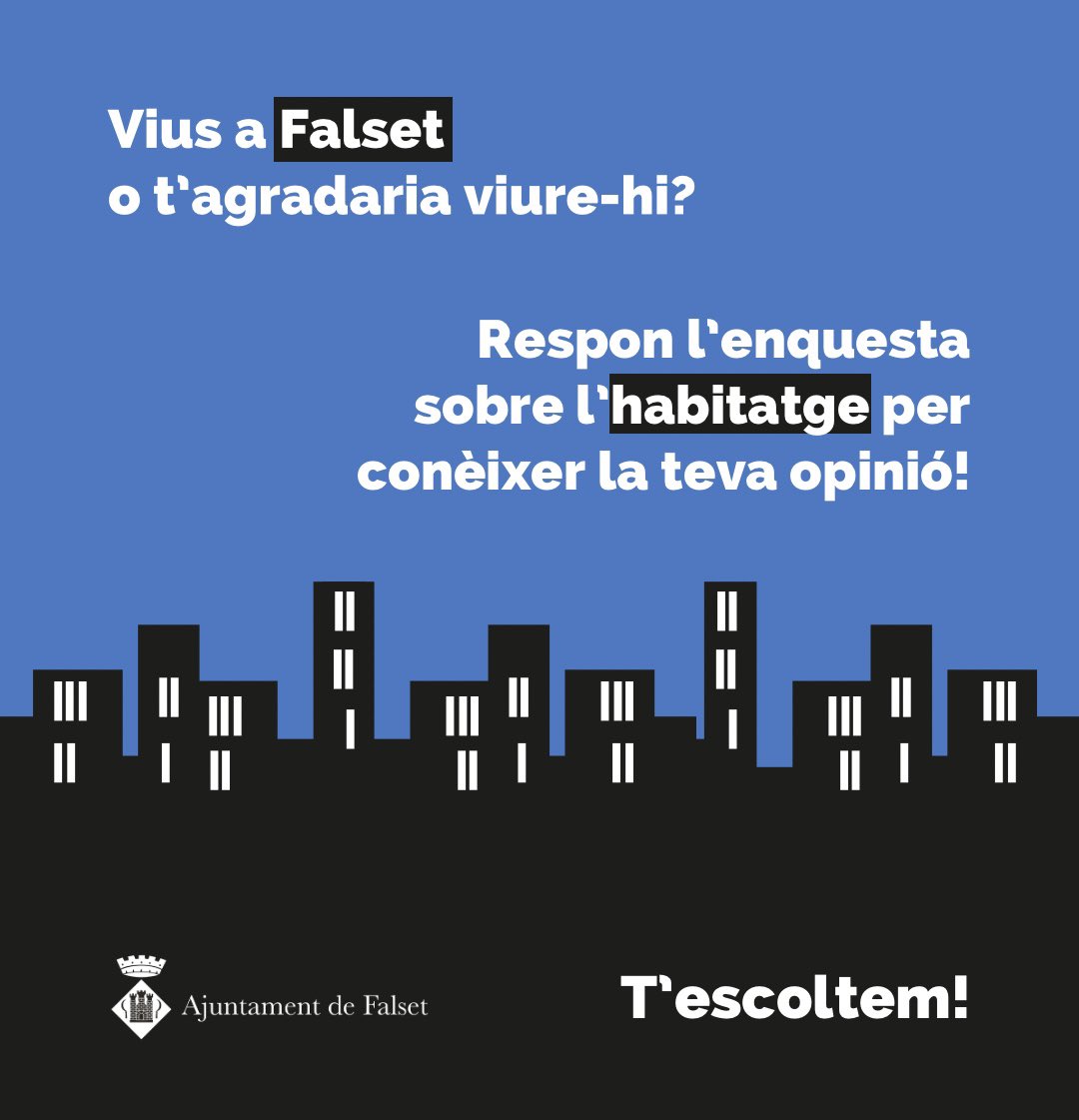 🤔🏘️Vius a Falset o t’agradaria viure-hi? T’escoltem!

📲Respon l’enquesta sobre l’habitatge per conèixer la teva opinió: forms.gle/bPoV3WcA41vKqE…

👉Aquesta iniciativa s’emmarca en el Pla Local d’Habitatge que està treballant la regidoria d’Urbanisme i Habitatge de l’Ajuntament.