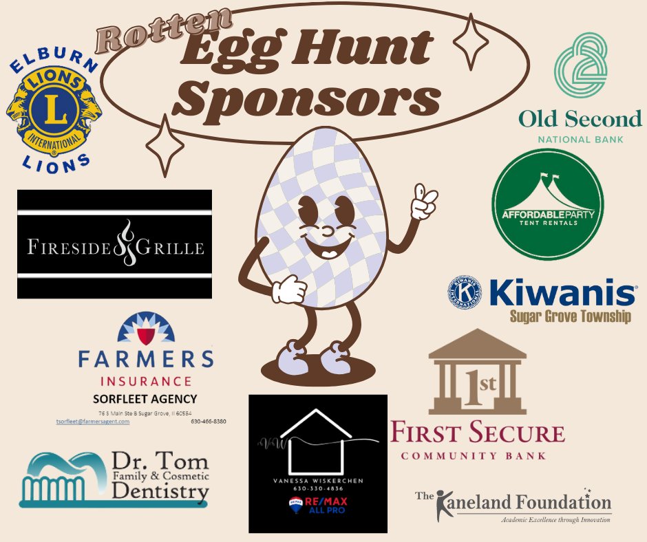 D302Foundation's tweet photo. Thank you to our Rotten Egg Hunt sponsors! 
These sponsors will be providing the fun and prizes at Kaneland Foundation's upcoming event on April 13th. Come and join us!
https://t.co/fz49WXoEhr https://t.co/12Ykn2vZXT