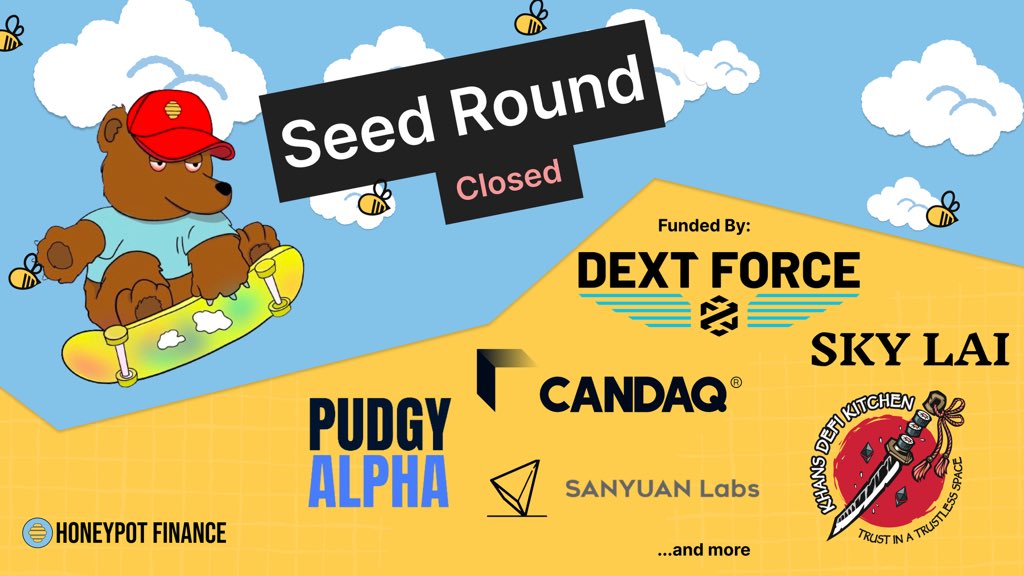 Honeypot Finance 🐻⛓️ (@honeypotfinance) on Twitter photo 🚨 SEED. DONE ✅
It gibs us immense habbyniss to announce we hav officially closed r seed round 🔒
Led by r frens <a href="/DextForce/">DEXT Force Ventures</a> <a href="/PudgyAlpha/">Pudgy Alpha 🐧</a> <a href="/CandaqCom/">Candaq Ventures</a> <a href="/SanyuanCapital/">SANYUAN Capital 三元资本</a> <a href="/0xsky404/">Sky</a> , Khan’s Kitchen & more 👀🔥
D support has been overwhelming, dank u all kindly🫶🐻⛓️ 🚨 SEED. DONE ✅
It gibs us immense habbyniss to announce we hav officially closed r seed round 🔒
Led by r frens <a href="/DextForce/">DEXT Force Ventures</a> <a href="/PudgyAlpha/">Pudgy Alpha 🐧</a> <a href="/CandaqCom/">Candaq Ventures</a> <a href="/SanyuanCapital/">SANYUAN Capital 三元资本</a> <a href="/0xsky404/">Sky</a> , Khan’s Kitchen & more 👀🔥
D support has been overwhelming, dank u all kindly🫶🐻⛓️