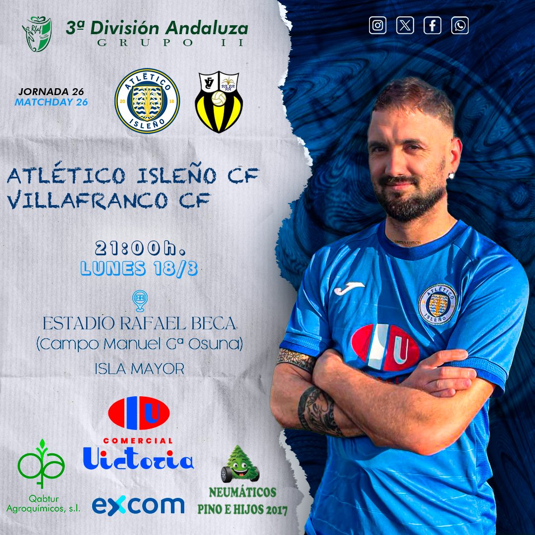 Atletico41140's tweet photo. ¡Llegó la hora del Derby Isleño!

𝙋𝙖𝙧𝙩𝙞𝙙𝙤 𝙥𝙖𝙩𝙧𝙤𝙘𝙞𝙣𝙖𝙙𝙤 𝙥𝙤𝙧 𝘾𝙤𝙢𝙚𝙧𝙘𝙞𝙖𝙡 𝙑𝙞𝙘𝙩𝙤𝙧𝙞𝙖

🏆 3ª División Andaluza
📈 Jornada 26
🆚 Villafranco CF
📅 Lunes 18/3
⌚ 21:00
🏟️ Estadio Rafael Beca (Campo Manuel Gª Osuna)

¡ https://t.co/ek0eAQY3la