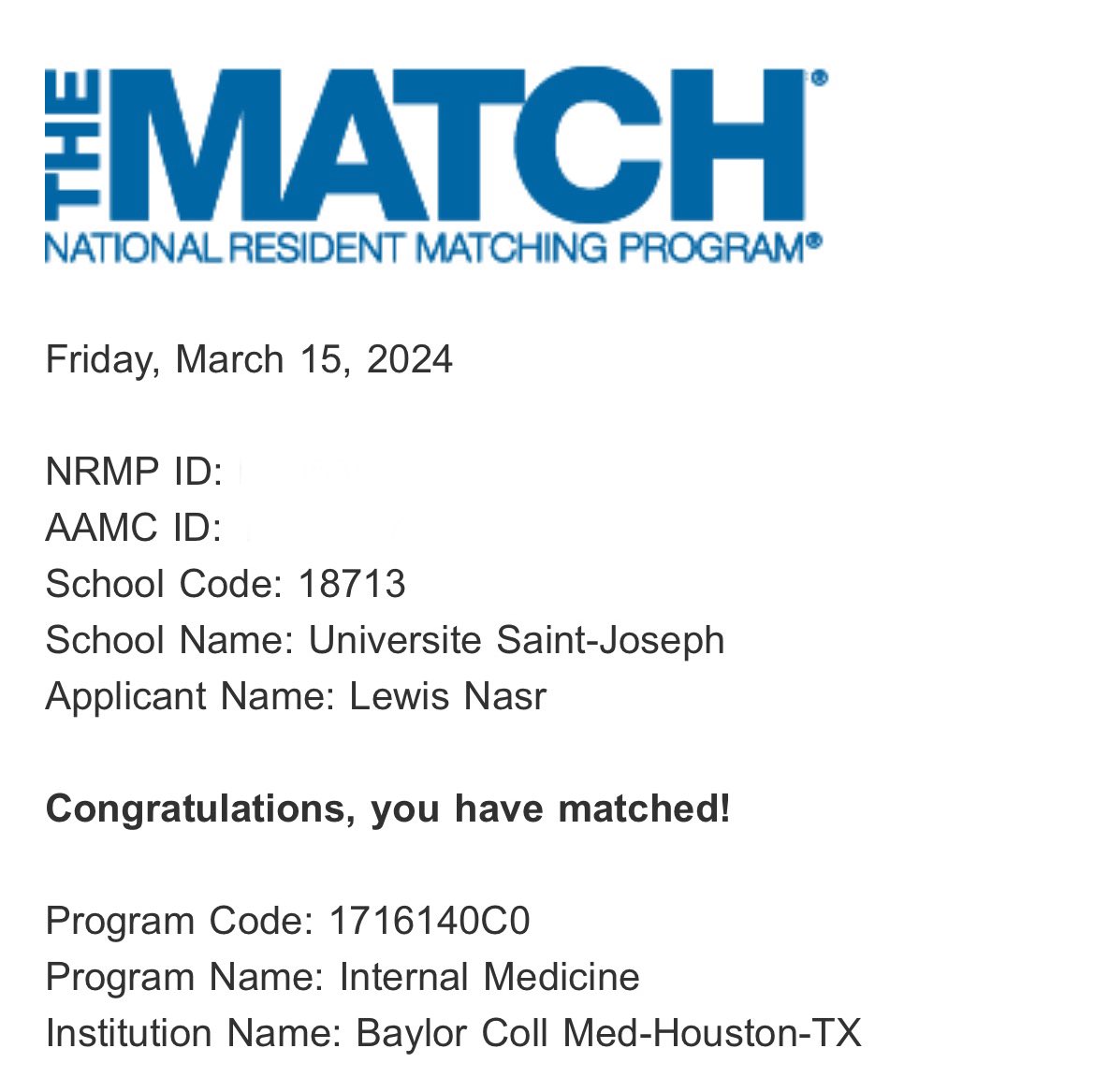 Absolutely thrilled to have matched at @BCM_InternalMed !! I’m grateful for mentors, friends, and family without whom none of it would have been possible.🍾