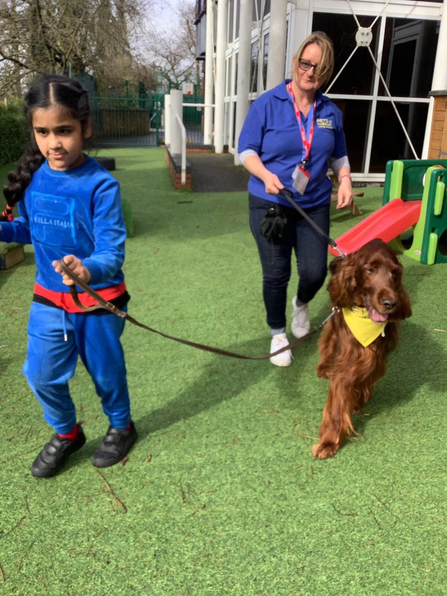 Lovely to have our Pets As Therapy friends in school today .
We loved taking Flame for a walk !