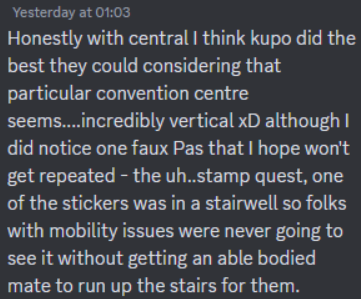 kupoconplaint's tweet photo. These changes follow criticism of Kupocon Central that have been partially addressed only within Patreon Chat, including acknowledgement for an task unable to be completed by attendees with mobility issues.

This was not the only accessibility issue faced by attendees. https://t.co/mA62SI2a3A