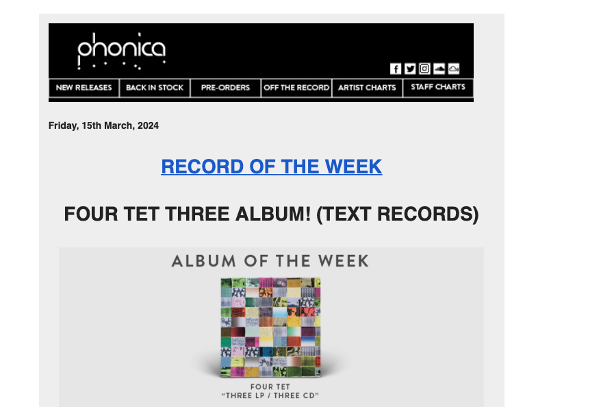 Another Record Of The Week for the FOUR TET new album 'Three' which is released today ..this time from @phonicarecords no less! @FourTet