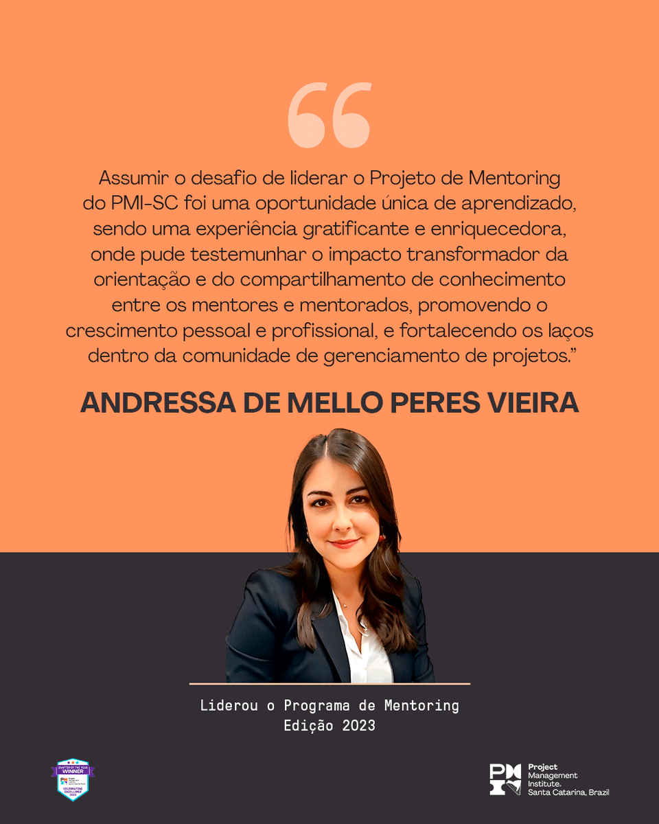 PMISC's tweet photo. Queremos que você conheça quem são as profissionais que estão por trás de grandes projetos do nosso Capítulo. Andressa liderou o Programa de Mentoring do PMI-SC Edição 2023 e, através da iniciativa, presenciou o impacto do aprendizado entre mentor e mentorado.

#PMISC #projeto https://t.co/cOlxmvnBWx