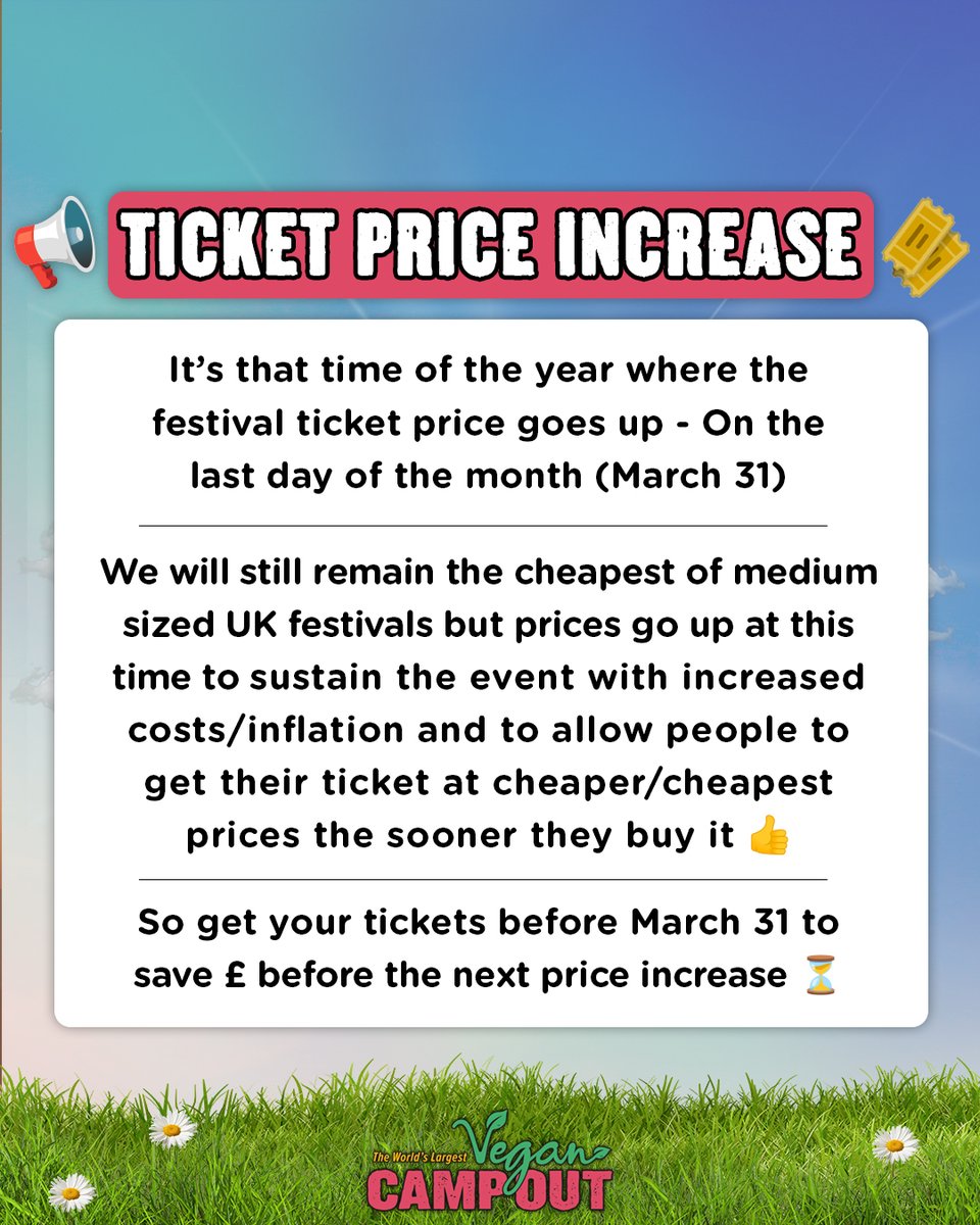 Get your tickets before the end of the month (March 31st) to save money 💸 🎫 Tickets, payment plan tickets, glamping/tent hire, coach travel and 50% off tickets if you switch to Ecotricity - All available from linktr.ee/Vegancampout