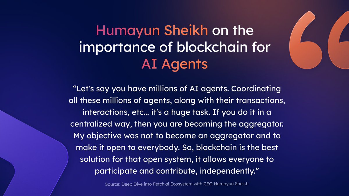 What is the importance of blockchain with our #AIAgent tech? 🤖

Fetch.ai CEO &amp; Founder <a href="/HMsheikh4/">Humayun</a> answered this on the <a href="/esatoshiclub/">Satoshi Club</a> Spaces session earlier this week. 

We want to offer an open platform for the #AI economy, and blockchain paves that path 🛣️