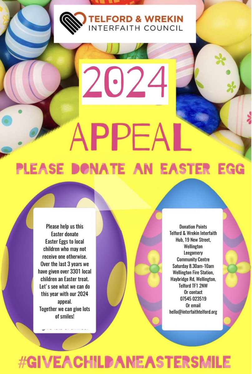 InterfaithTelf1's tweet photo. Weekends here and lots of you will be food shopping…..

We are looking for Easter egg donations for our 
#giveachildaneastersmile campaign please🐣

Thanks to @LeegomeryCC and @shropsfire - Wellington Station @SFRS_Wellington for being official donation points or drop at our hub https://t.co/Vmq8kXNE35