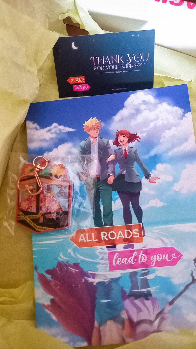 Also forgot to share the copy of <a href="/kacchakozine/">All Roads Lead To You: a Kacchako AU zine COMPLETE</a> that i got from their leftovers sale ✨️ the charm is so cute too 😭😭 everyone did an amazing work 💗 congratulations !
