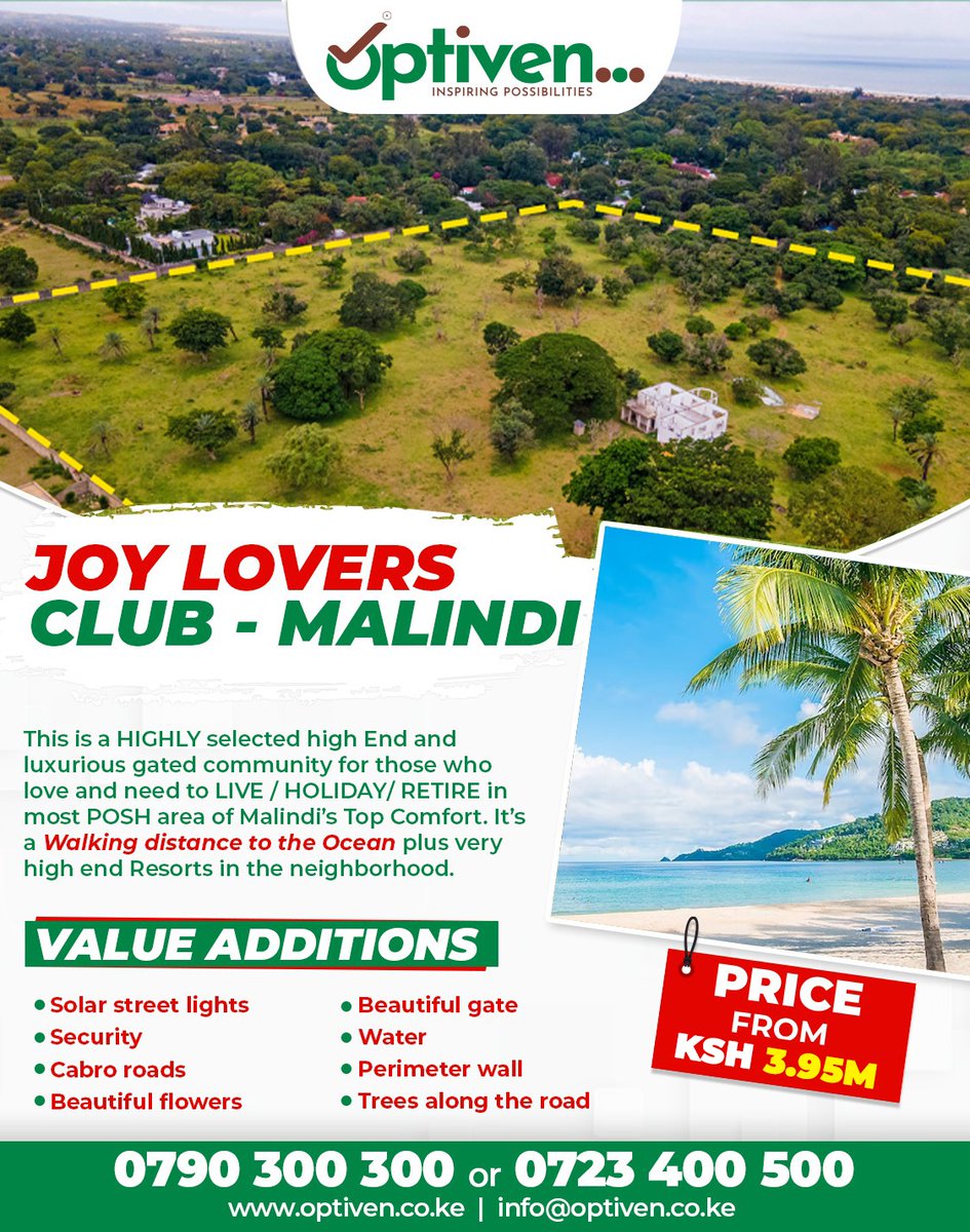NGichuku's tweet photo. Invest in a world of unparalleled luxury at Joy Lovers Club by @OptivenLimited, cuddled in Malindi's most prime spot. 

𝗢𝗸𝗼𝗮 𝟭𝟭𝟴,𝟬𝟬𝟬 𝘁𝗼 𝗲𝗻𝗷𝗼𝘆, 𝘄𝗵𝗲𝗻 𝘆𝗼𝘂 𝗺𝗮𝗸𝗲 𝗮 𝗰𝗮𝘀𝗵 𝗽𝗮𝘆𝗺𝗲𝗻𝘁 𝗼𝗳 𝟯.𝟵𝟱𝗺 𝗳𝗼𝗿 𝗮𝗻 𝟭/𝟴𝘁𝗵 𝗮𝗰𝗿𝗲 

#Okoa118kNaOptiven https://t.co/pldEQMmInm