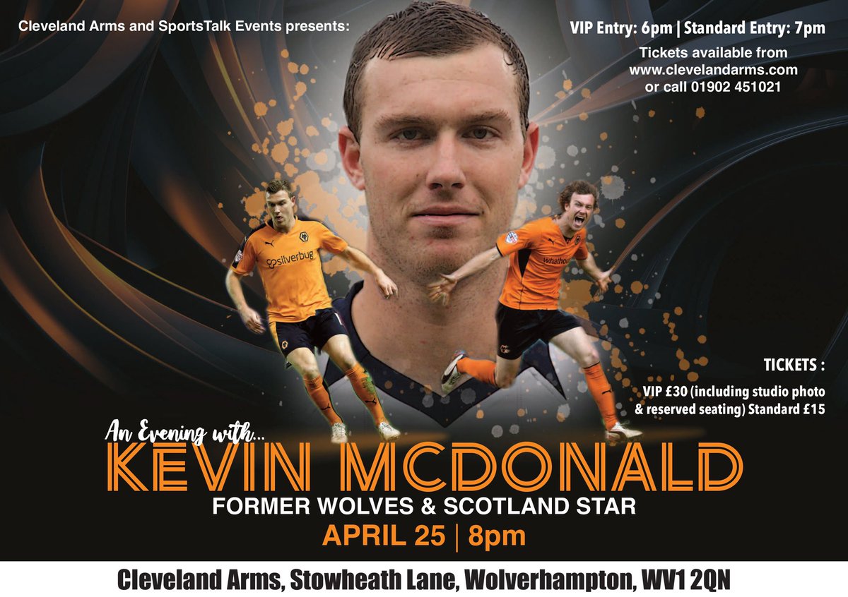 #Wolves fans before you head to tomorrow’s game pop into the pub and get your tickets for our evening with Kevin McDonald on April 25. Ticket details 👇
