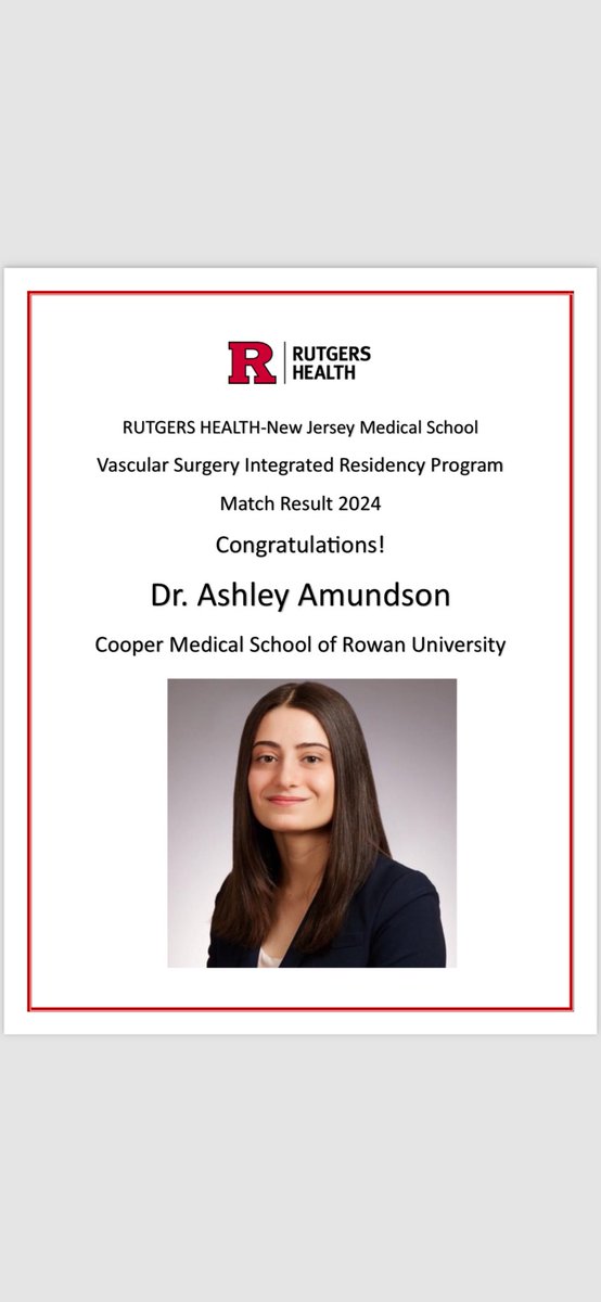 We are very excited to welcome @AshleyAmunds to @VascRutgersNJMS who matched as PGY 1 Integrated Vascular Resident for #Match2024 Looking forward to an exciting year ahead @NJMSDeptSurgery