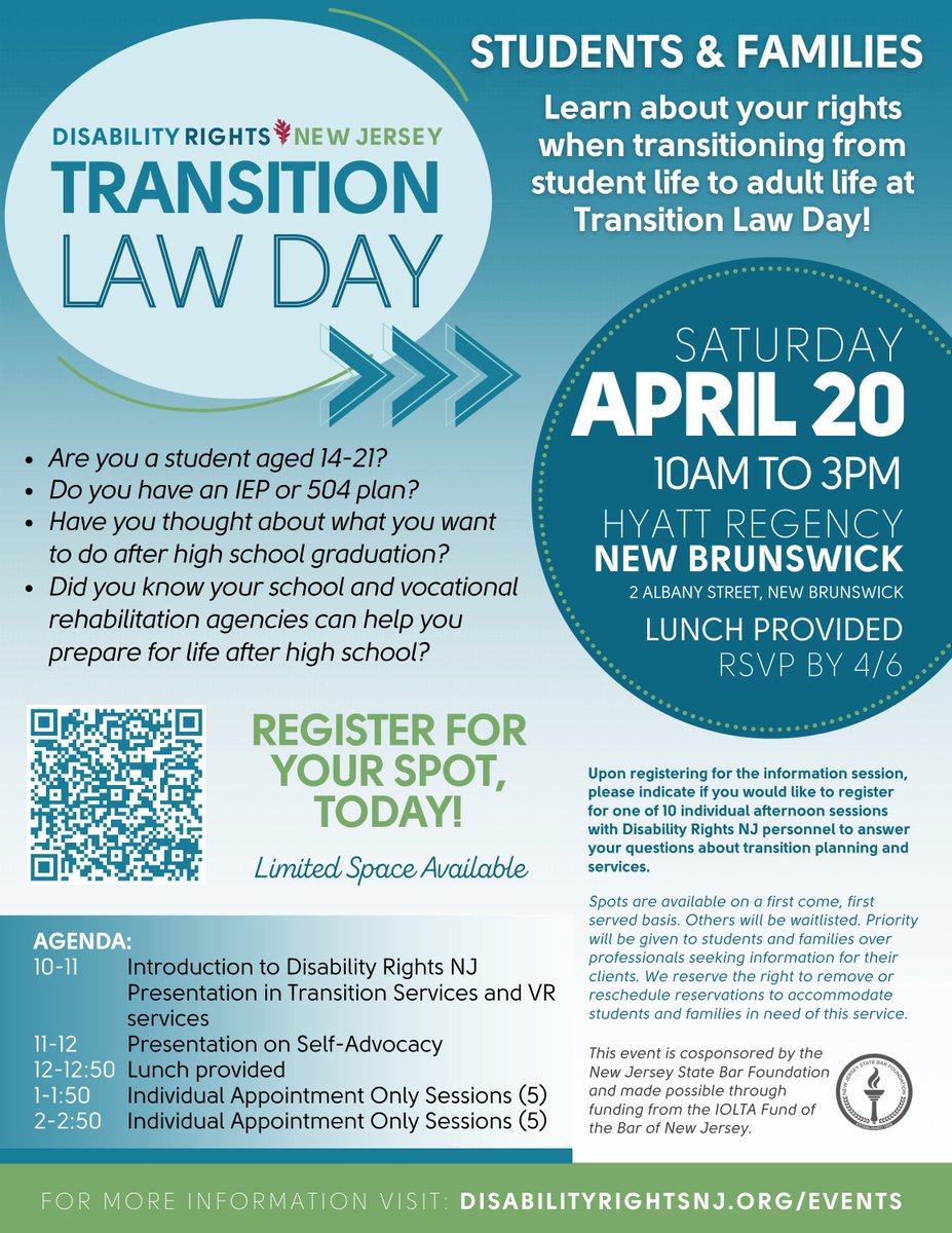 AdvocateDRNJ's tweet image. Join Disability Rights NJ for Transition Law Day to be held April 20, 2024 at the Hyatt Regency New Brunswick, from 10am to 3pm. Students will learn about their rights when transitioning from high school into adulthood. There is no cost to attend.
disabilityrightsnj.org/event/transiti…