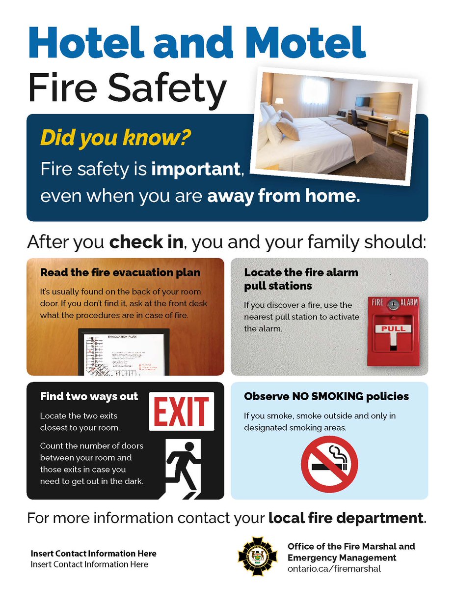ONFireMarshal's tweet photo. March Break #FireSafety Tip: When checking into a hotel, B&amp;B, motel or seasonal rental, keep #FireSafety top of mind. Look for a fire escape route, working #SmokeAlarms and #COAlarms.
#MarchBreak https://t.co/hHogWhihkg