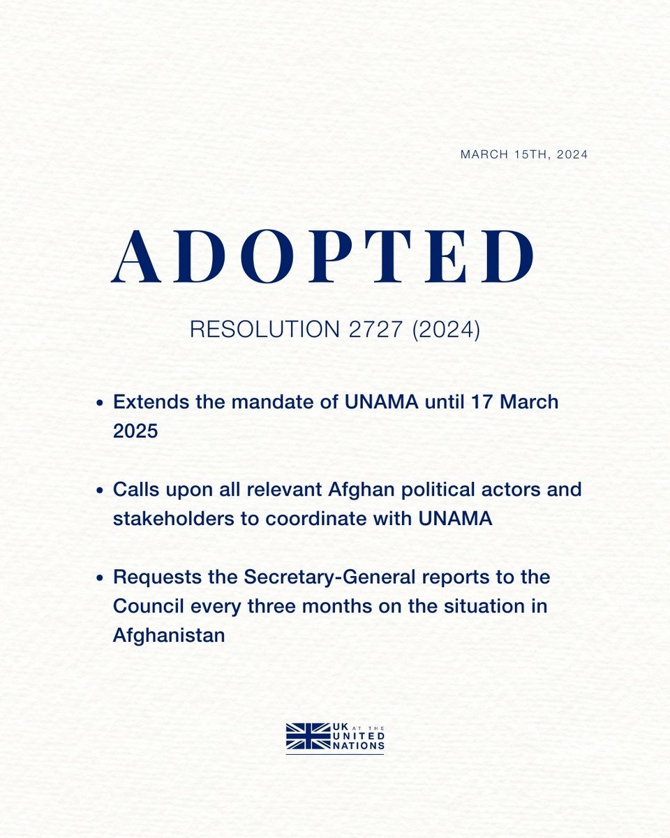 The Security Council has unanimously renewed @UNAMAnews's mandate for another year. UNAMA will continue to deliver humanitarian aid to the people of Afghanistan and report on human rights and the status of women and girls.