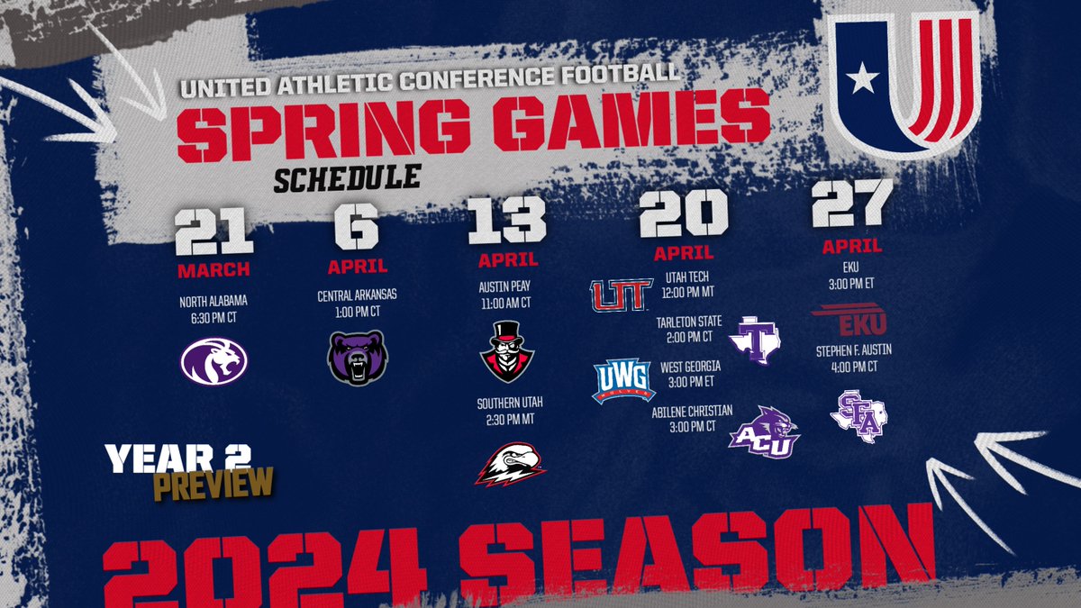 🗣️ALL #UACFootball🏈 Fans‼️ Mark your 🗓️and get your 1st 👀 of your 𝓕𝓪𝓿𝓸𝓻𝓲𝓽𝓮 league team at their 2⃣0⃣2⃣4⃣ 𝕊𝕡𝕣𝕚𝕟𝕘 𝔾𝕒𝕞𝕖 Which of our 🔟 squads are you excited to watch⁉️