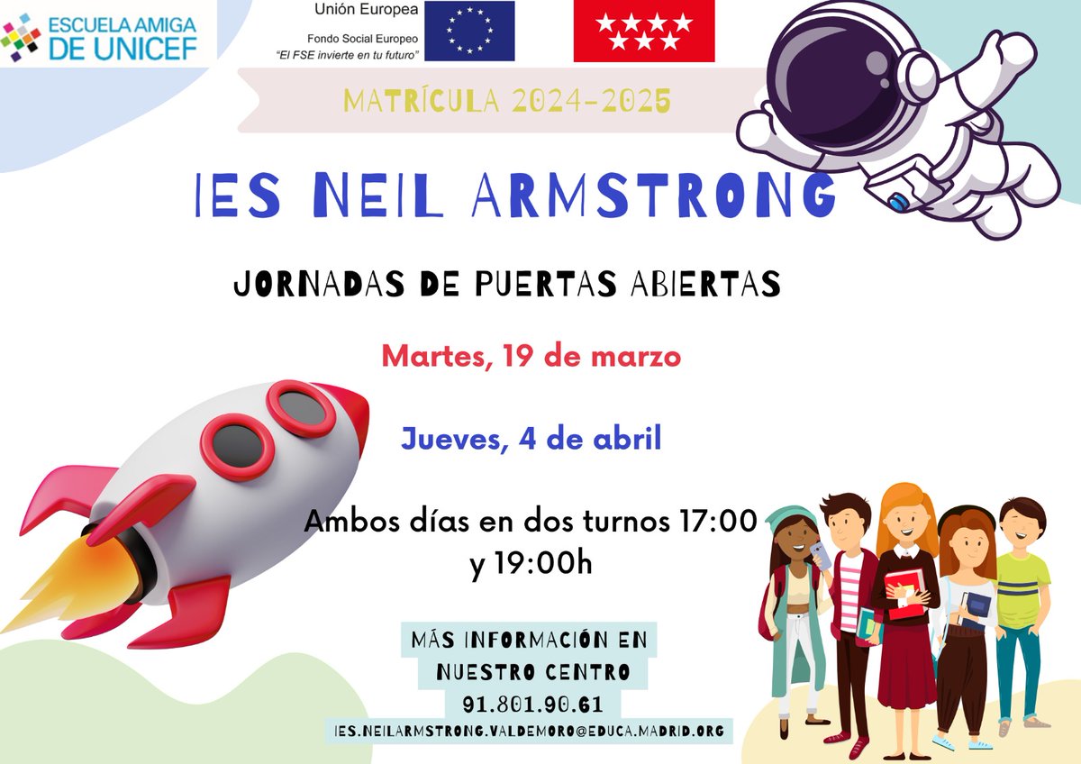 iesneilarmstro1's tweet photo. 📢 Explicamos el #Neil: 
🔸️#PuertasAbiertas, 19 marzo y 4 abril, turnos: 17 y 19 h.

Ven a conocernos!
#LosDelNeilHemosPisadoLaLuna
#BienestarEmocional
🚀💞📚 https://t.co/nGTUqoehBb