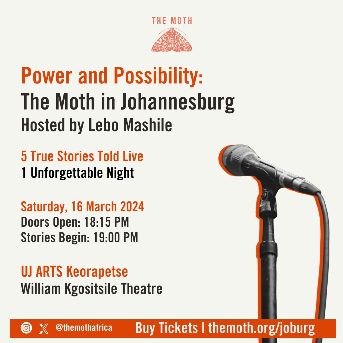 TheMothAfrica's tweet photo. Attention Joburg! 

There will limited number of tickets available at the box office for Power and Possibility: The Moth Mainstage on 16 March 2024!

Arrive early for your chance to purchase tickets at the door. We hope to see you there! https://t.co/eTvbMu8MWJ