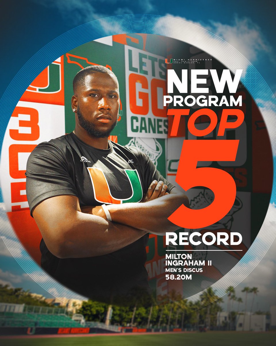 CanesTrack's tweet photo. In his first outdoor meet as a Hurricane, Milton makes history! 💪

✅ 58.20m discus 
✅ 2nd place finish 🥈
✅ Now third all time in outdoor school history! https://t.co/jQv2th2W80