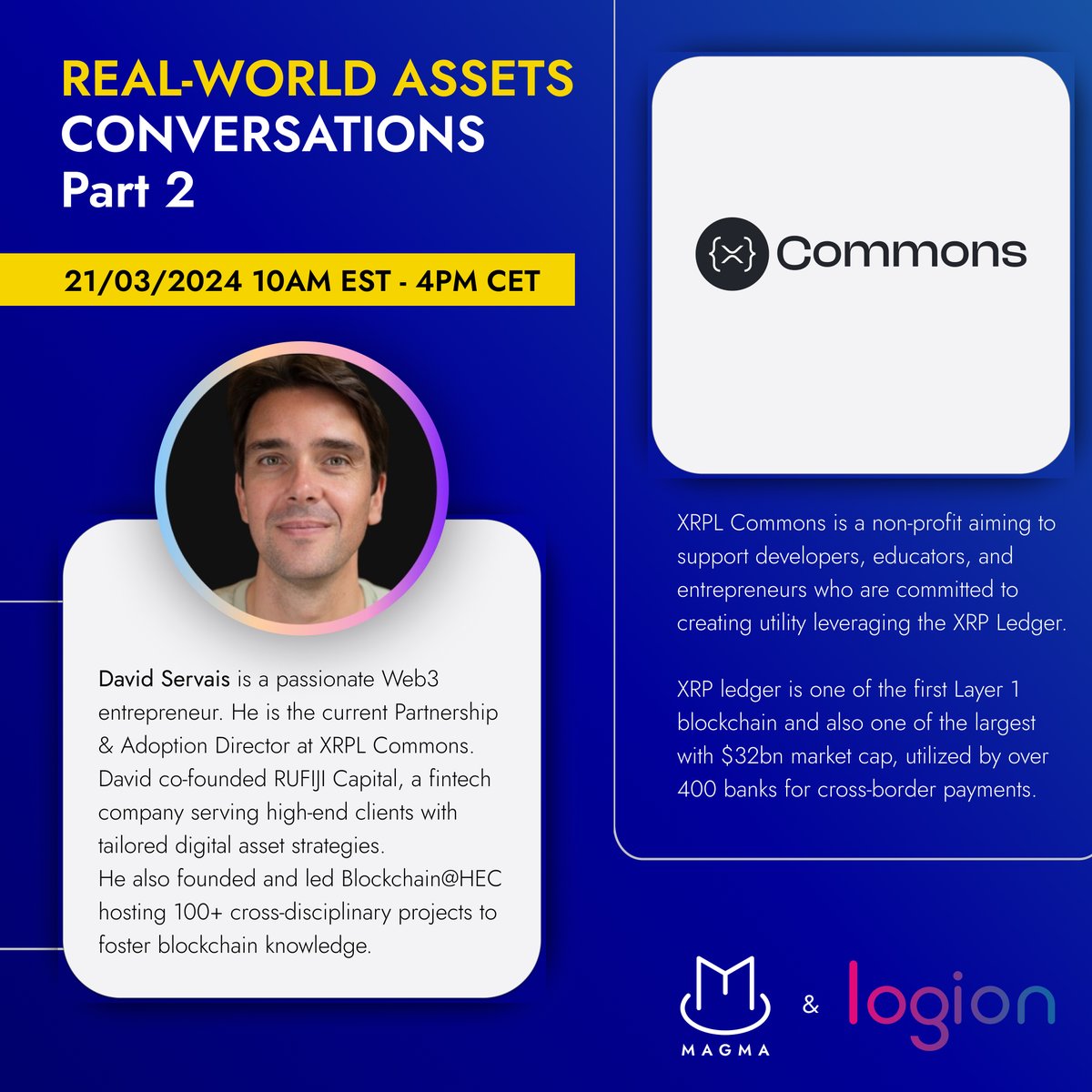 magmarealestate's tweet photo. 👋 Meet  David Servais who will join us for our live event on 𝗥𝗲𝗮𝗹-𝗪𝗼𝗿𝗹𝗱 𝗔𝘀𝘀𝗲𝘁𝘀 𝗧𝗼𝗸𝗲𝗻𝗶𝘇𝗮𝘁𝗶𝗼𝗻 this Thursday!

🌟 David is a passionate #Web3 entrepreneur.
He is the current 𝗣𝗮𝗿𝘁𝗻𝗲𝗿𝘀𝗵𝗶𝗽 & 𝗔𝗱𝗼𝗽𝘁𝗶𝗼𝗻 𝗗𝗶𝗿𝗲𝗰𝘁𝗼𝗿 at XRPL Commons.
David co-founded RUFJI Capital, a fintech company serving high-end clients with tailored digital asset strategies.
He also founded and led Blockchain@HEC hosting 100+ cross-disciplinary projects to foster blockchain knowledge.

⛓️ 𝗫𝗥𝗣𝗟 𝗖𝗼𝗺𝗺𝗼𝗻𝘀
@xrpl_commons is a non-profit aiming to support developers, educators, and entrepreneurs who are committed to creating utility leveraging the 𝗫𝗥𝗣 𝗟𝗲𝗱𝗴𝗲𝗿.

XRP ledger is one of the first 𝗹𝗮𝘆𝗲𝗿 𝟭 𝗯𝗹𝗼𝗰𝗸𝗰𝗵𝗮𝗶𝗻 and also one of the largest with $32bn market cap, utilized by over 400 banks for cross-border payments

🗓️ Join us for this fascinating conversation this 21st of March 10AM EST - 4PM CET on Teams

Livestream link 👉 https://t.co/24u8S8X67N

#DigitalAsset #DeFi #Building #Blockchain #PropTech #SmartBuilding #SmartCity #IoT #BIM #NFT #Web3 #dynamicNFT #dNFT #Phygital #RWA #token

@Matmerkad
@logion_network
@Anton_Golub
@TokenySolutions
@xrpl_commons
@david_servais
@blocksquare_io