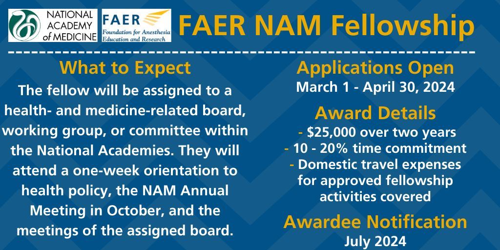 FAER NAM Fellowship applications are open through 4/30 at buff.ly/2TwGwUK! Offered by @FAERanesthesia & @theNAMedicine, this is an excellent opportunity for #anesthesiology scholars to experience evidence-based health care or public health studies on #PatientCare
