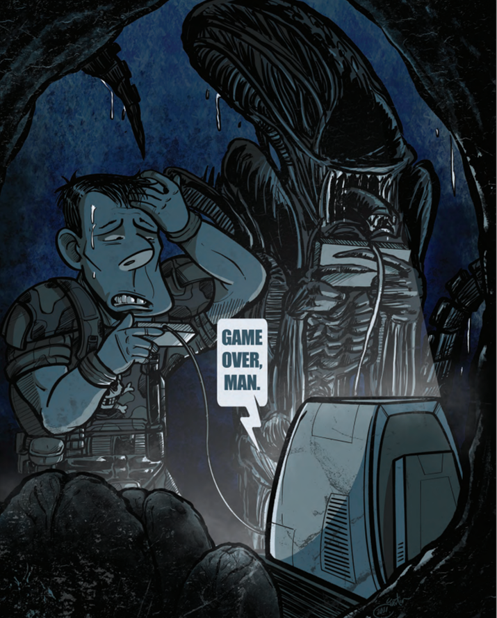 aliensexpanded's tweet photo. Very fun artwork by Justin Castaneda, how many times have you quoted this famous line when you hit a GAME OVER screen?
#Alien #Aliens #JamesCameron #AvP #SciFi #80s #AliensExpanded https://t.co/un2BtovDQX