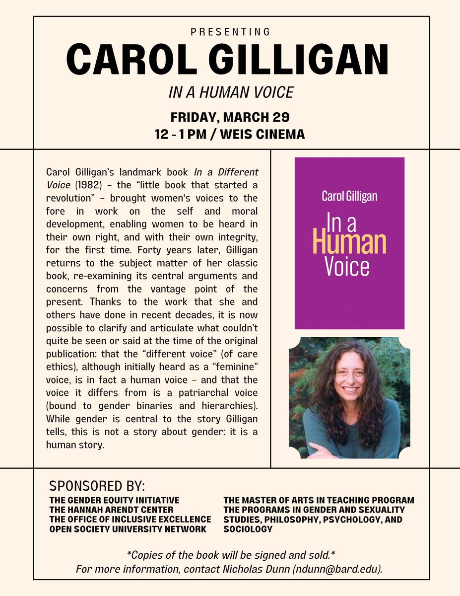 Don't miss @CarolGilligan1 discussing her new book 'In a Human Voice' with @nm_dunn 29th March, 12-1 pm (EST) Hosted by @BardCollege.