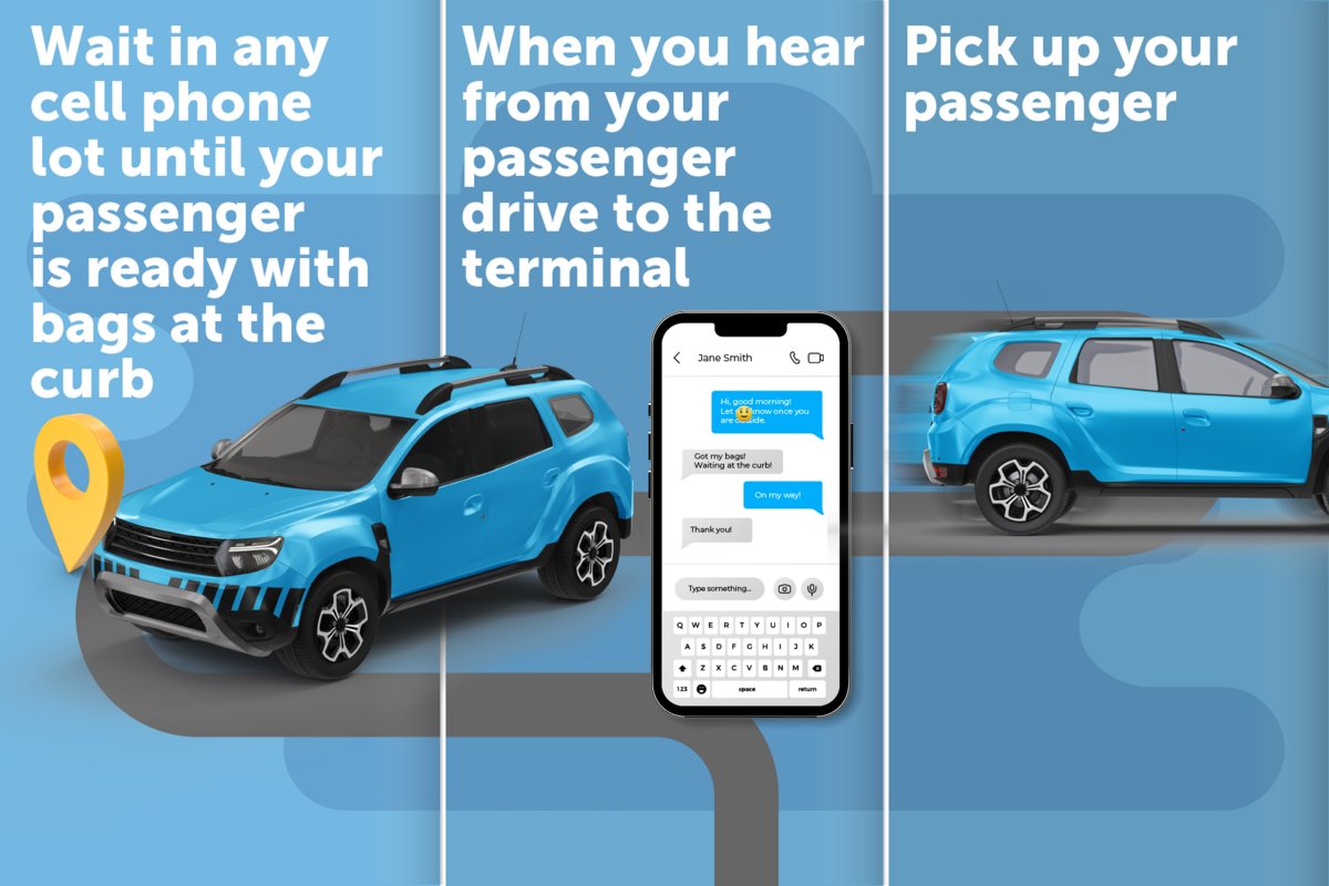 Are you picking up a passenger? We encourage you to use our cell phone lots to wait for your passenger. Head to the curb when you get the 'I am ready at the curbside' text or call.
