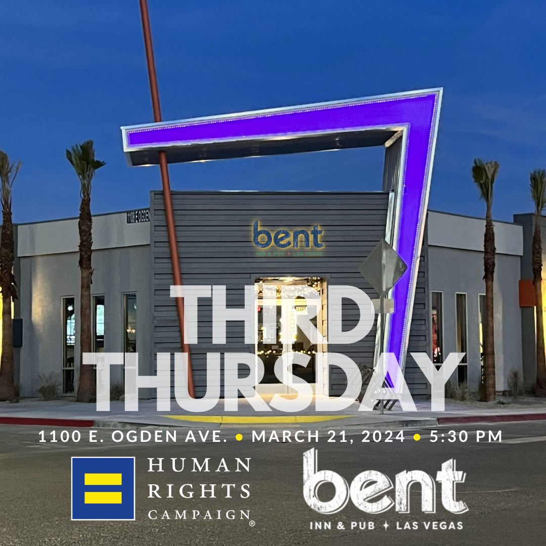 THIRD THURSDAYS ARE BACK! We invite you to join us on Thu, Mar 21, 5:30PM at Bent Inn, 1100 E. Ogden Ave.⁠ Proud to support the only gay/locally owned & operated #LGBTQIA+ Resort & Bar in LV! ⁠ First 50 drinks free! ⁠ #HRC #HumanRightsCampaign #Pride #LGBTQ #ThirdThursday ⁠