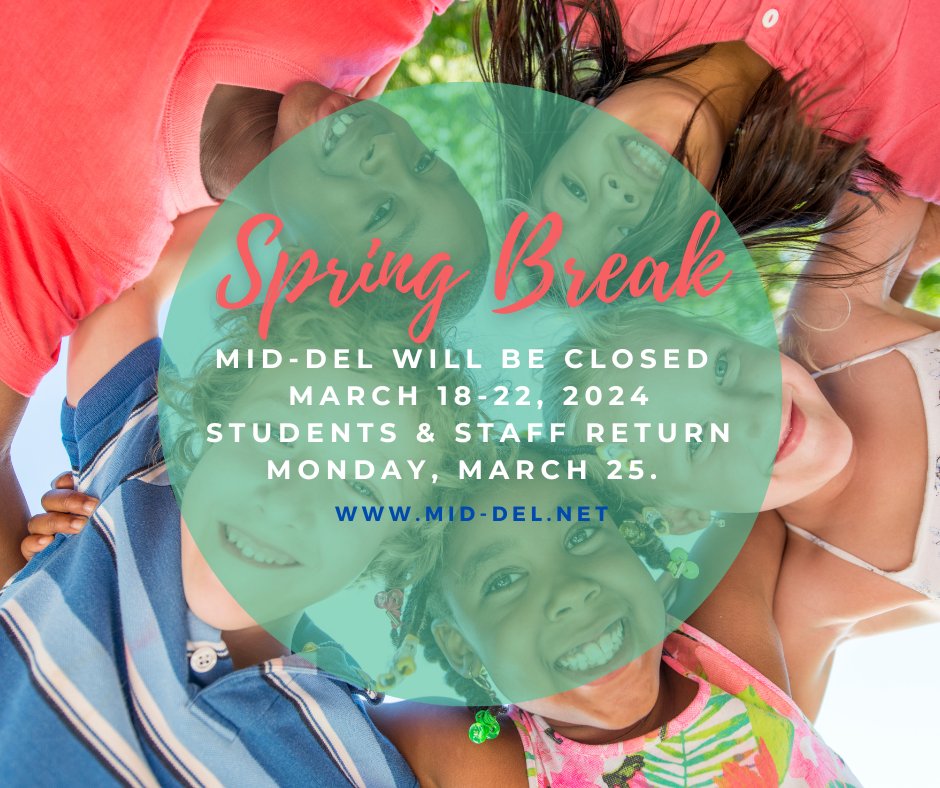 Mid-Del Schools will be closed for Spring Break from March 18-22, 2024. Students and staff will return to school on Monday, March 25, 2024. Be safe and enjoy your break! #mdpurpose