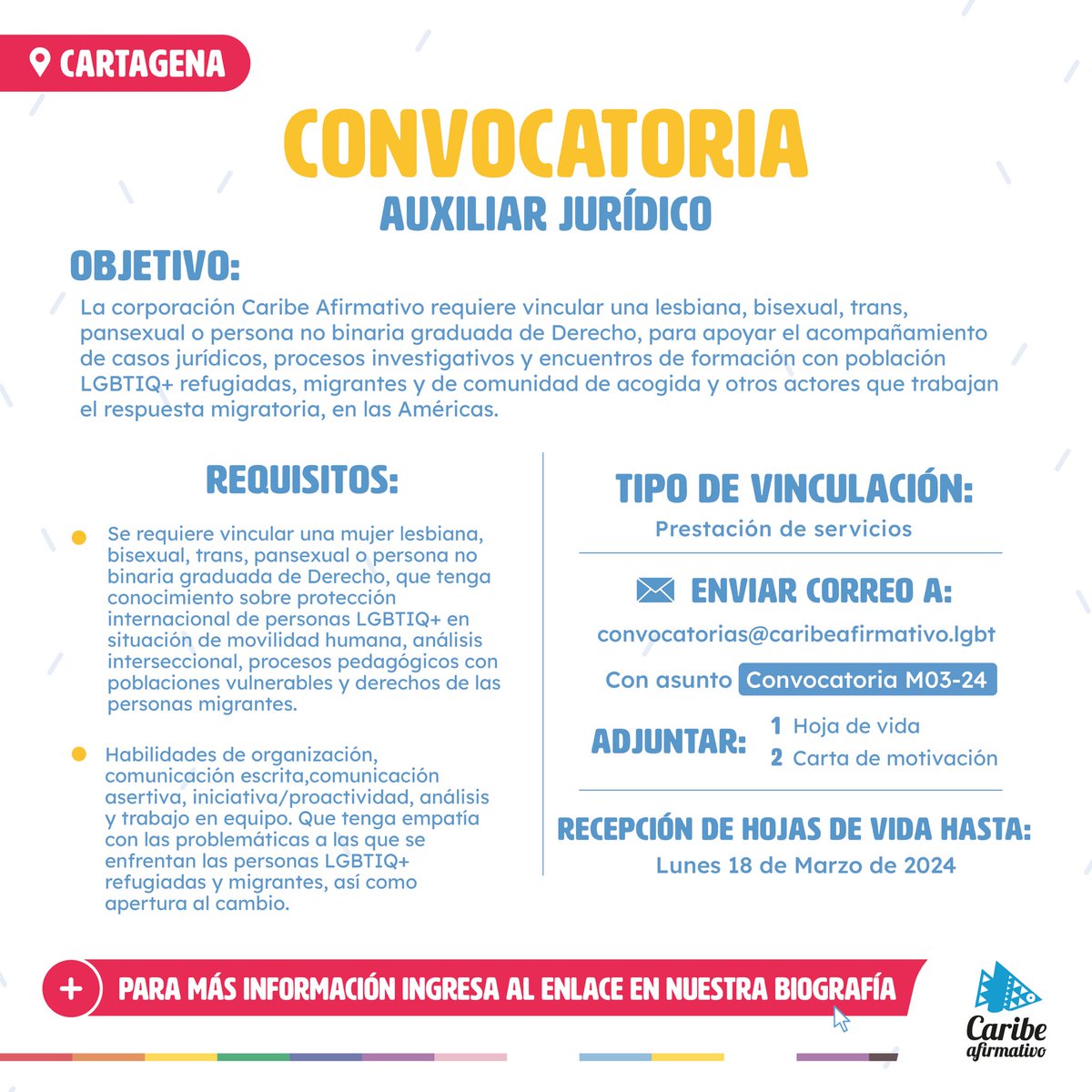 📣🏳️‍🌈¡Te estamos buscando! Conoce los términos de referencia de nuestra #convocatoria:
- Auxiliar jurídico #Cartagena 

🗓️Cierre: 18 de marzo de 2024 
👉Más información en nuestra bio

#TrabajoSiHay @Mengaana @empleocolombia @jobtips_ @EmpleoSAP @empleofertas_