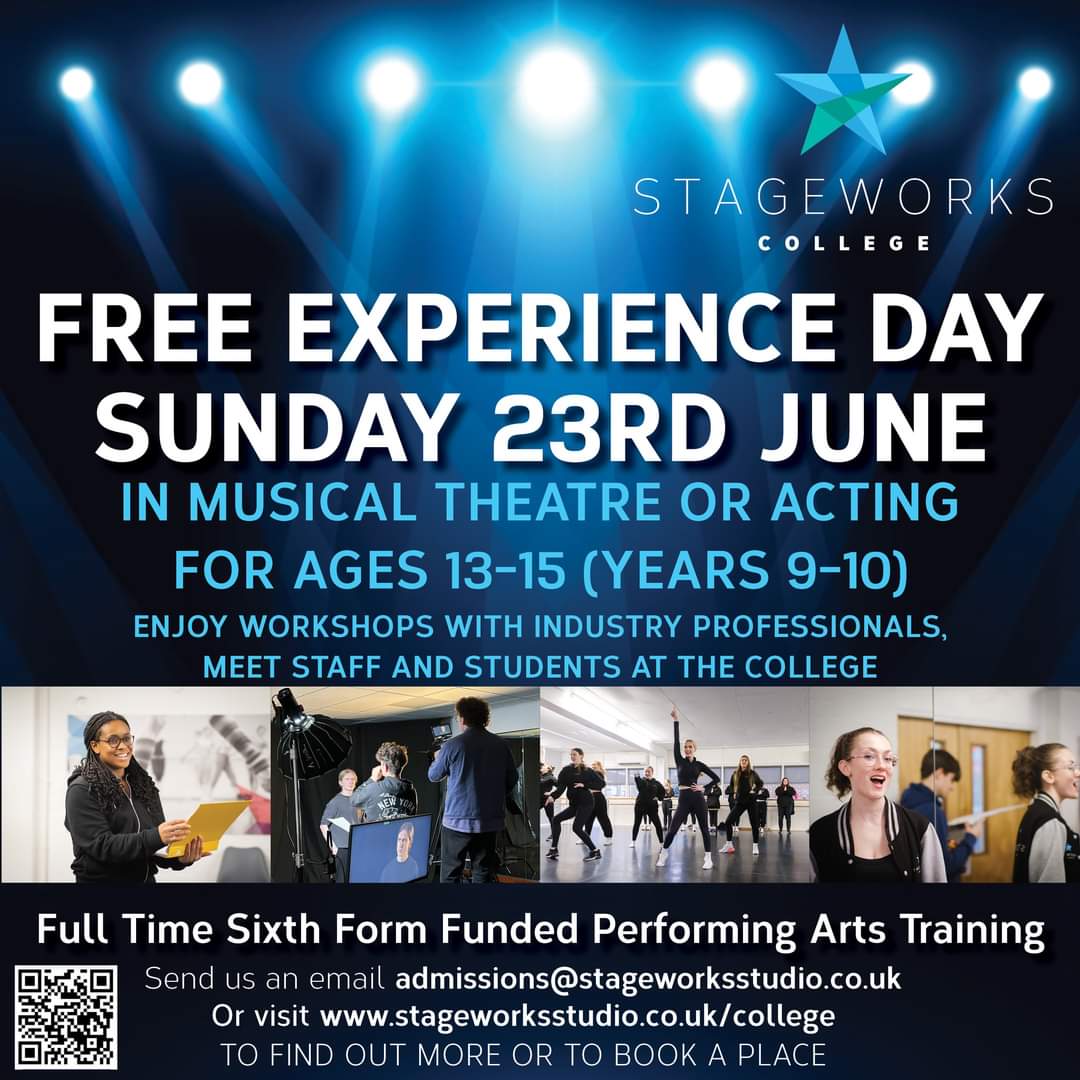 StageworksUK's tweet photo. Join us on 23rd June for our free Experience Day for students aged 13-15 years. Join in with a variety of different workshops led by industry professionals, meet current students and staff
Musical Theatre or Acting 
BOOK NOW AS PLACES FILL UP FAST!
Book via the QR code https://t.co/t3jlHqlvCo