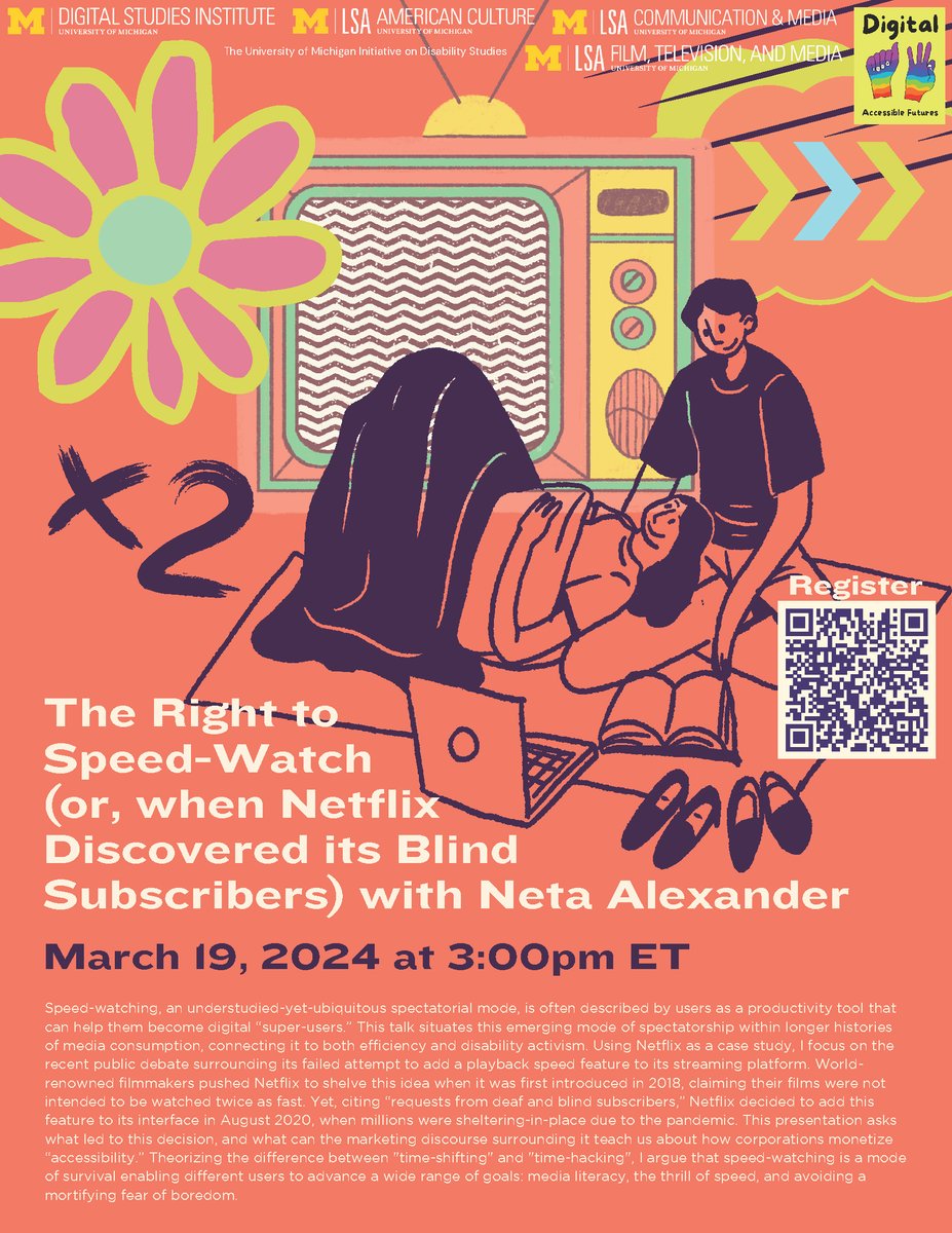 Join us next week on Mar. 19 @ 3:00pm, for a thought-provoking exploration of speed-watching! From its roots in accessibility activism to its impact on media literacy, @NetAlexander's talk is a must-attend for anyone curious about digital culture.