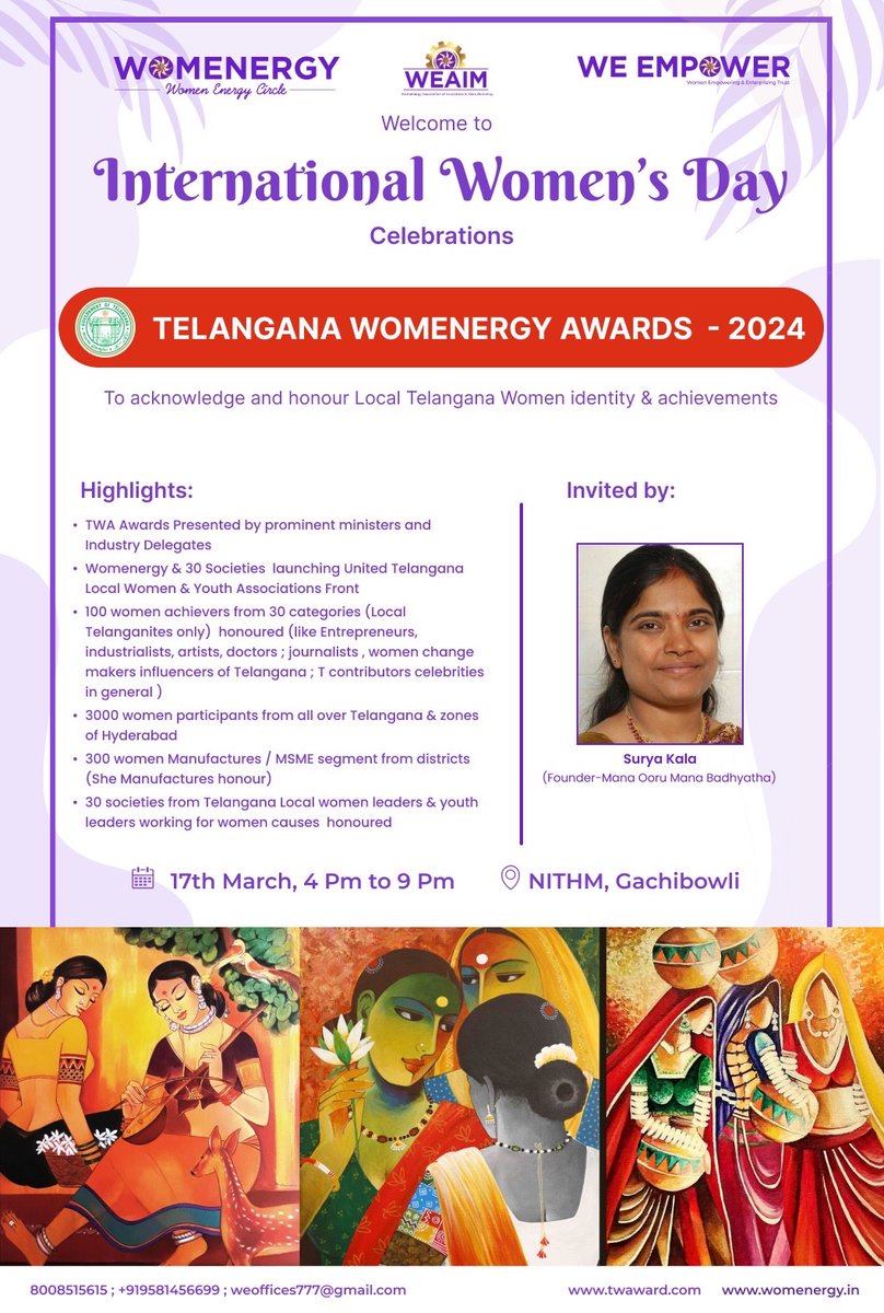 Telangana Womenergy awards 2024 @ NITHM, Gachibowli U r invited to join the 2 thousand women from various fields & walks of life vis Drs , lawyers , social activists, entrepreneurs, farmers etc from all over telangana chief guest @OffDSB