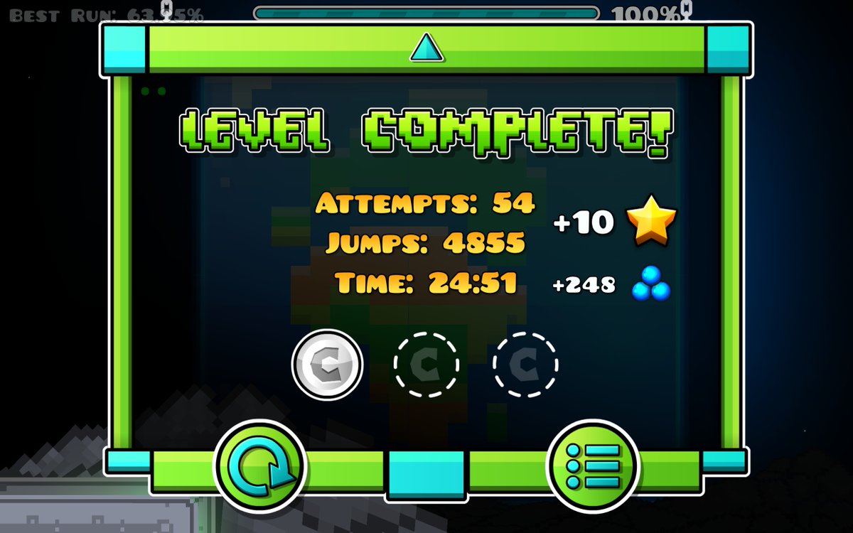MondaySidereal's tweet photo. 200th demon!
this level is awesome
probably a medium demon, but the length of the level could maybe make it harder?
either way, it's a great level, and I had a lot of fun with it
glad it could be my 200th 🥳
#GeometryDash #HardDemon #DeeperSpace https://t.co/Y43TDU3CAQ