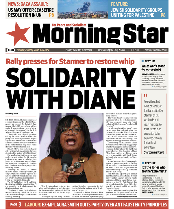 Tomorrow's front page: SOLIDARITY WITH DIANE - Rally presses for Starmer to restore whip