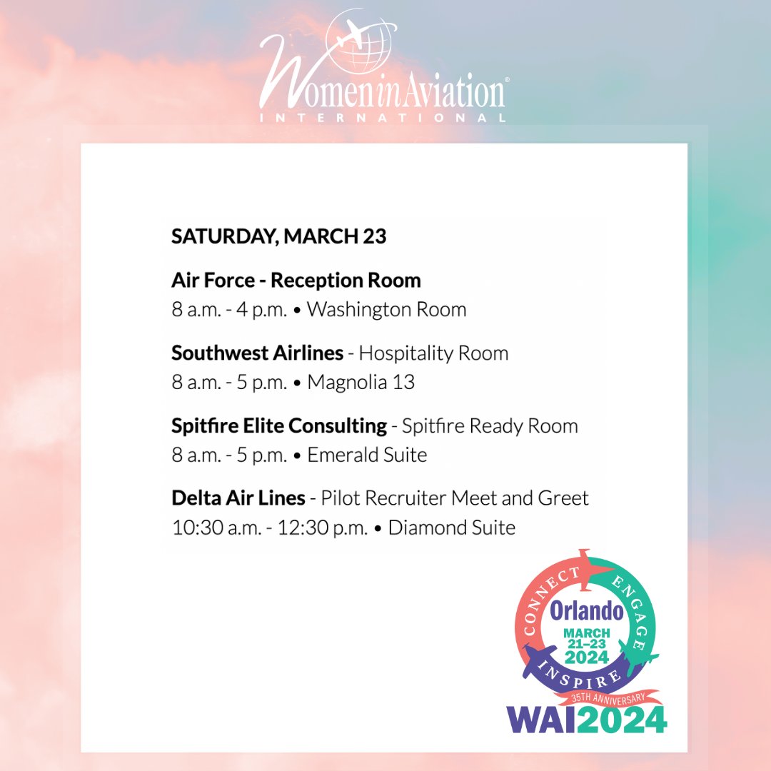 Don't miss out on these Industry Partner Events at #WAI2024! Be sure to check WAI.org/2024-industry-… for the full schedule and to sign up for some of the events. #WomeninAviationInternational #IamWAI #WeAreWAI #WomeninAviation